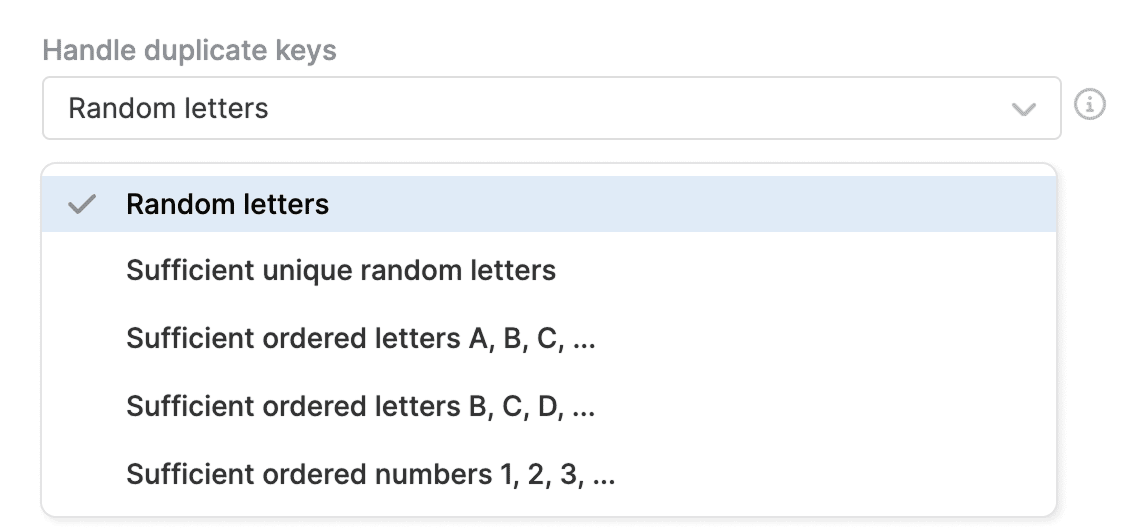 The “Handle duplicate keys” dropdown open on “Random letters” (ticked), above “Sufficient unique random letters”, “Sufficient ordered letters A, B, C”, “Sufficient ordered letters B, C, D” and “Sufficient ordered numbers 1, 2, 3”.